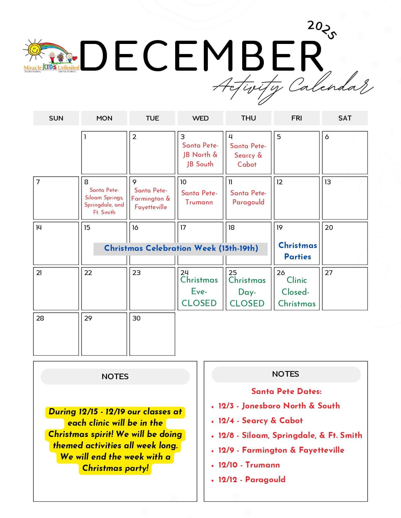 December Activity Calendar