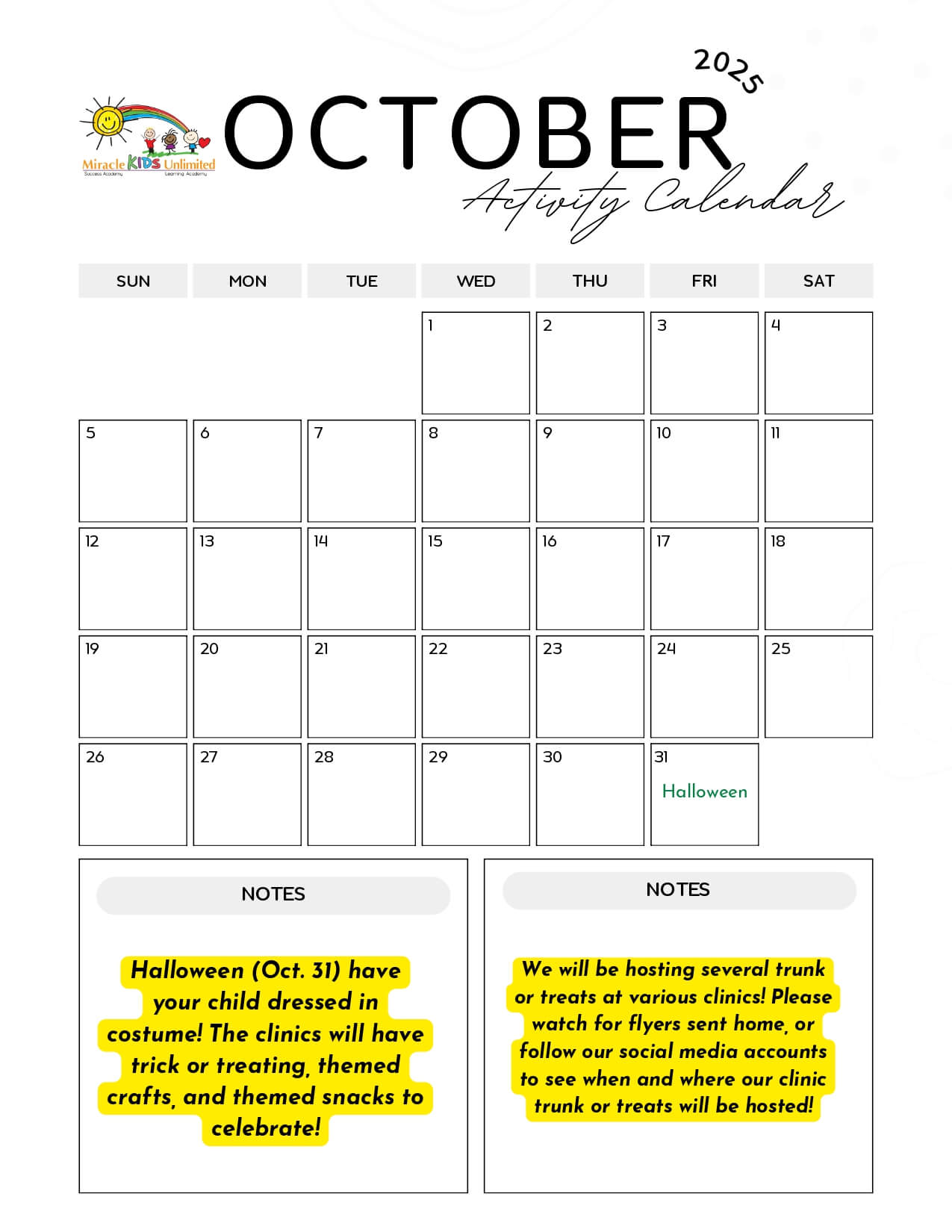 October Activity Calendar