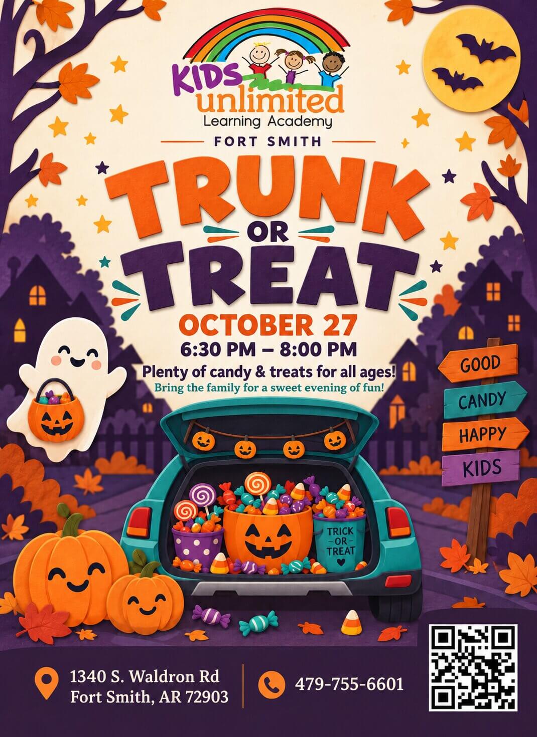 Trunk or Treat at Kids Unlimited Learning Academy in Fort Smith, Arkansas on October 27, 2026 from 6:30pm to 8:00pm
