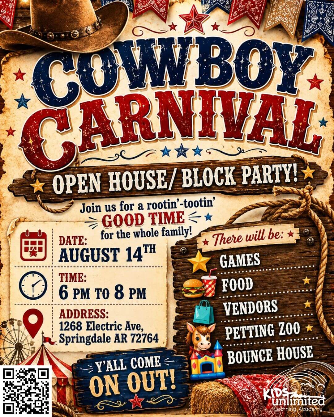 Cowboy Carnival open house and block party at Kids Unlimited Learning Academy in Springdale, Arkansas on August 14, 2026 from 6:00pm to 8:00pm